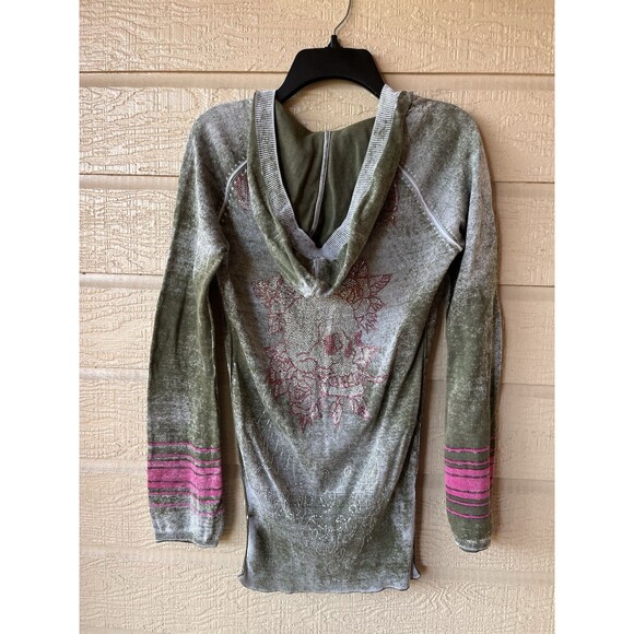 Ed Hardy Christian Audgier women Vintage Skull Hooded Sweater sz Small Silk Knit - Picture 3 of 9